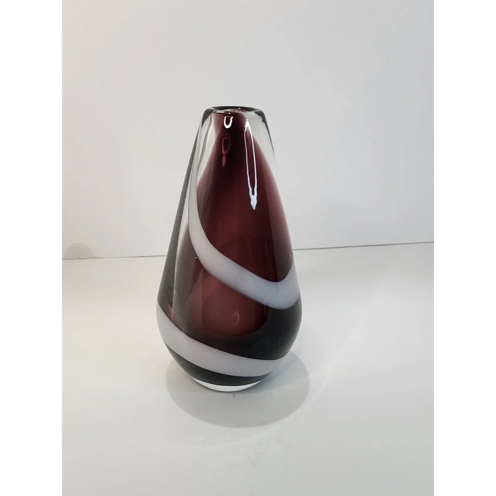 Hand Blown Art Glass Teardrop Vase Plum Burgundy with White Swirl 6.25 inch